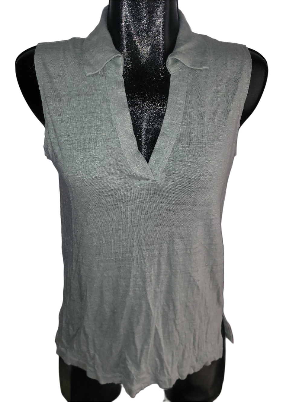 Nicole Miller Sage Green 100% Linen Sleeveless V-Neck Collared Polo Top Size M